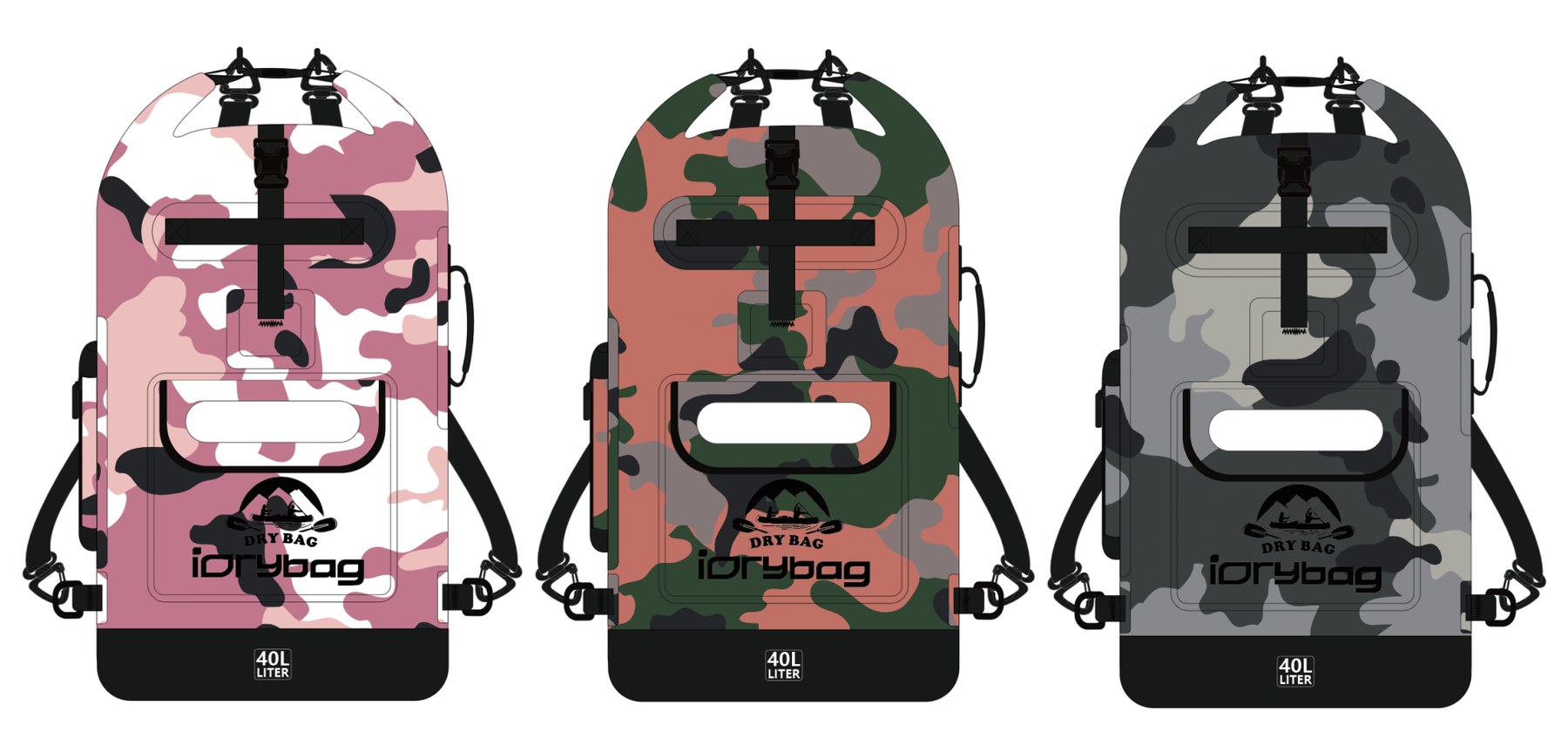 Camo waterproof backpack 40 litre with roll-top IPX6 closure